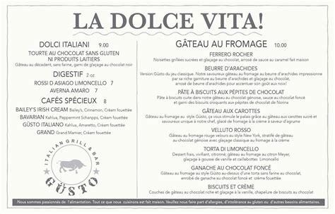 Menu at Gusto Italian Grill & Bar, Moncton