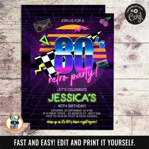 80s Retro Birthday Party Invitation Editable Digital File | Etsy