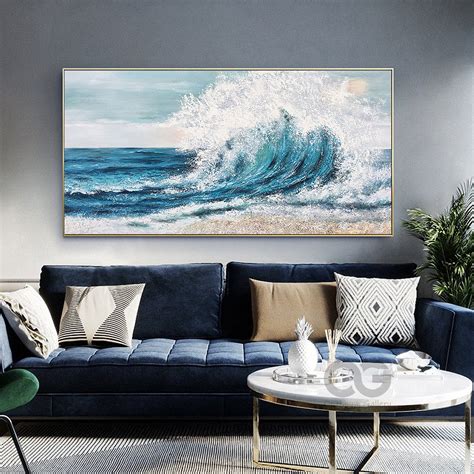 Textured Ocean Wave Wall Art Large Framed Blue Sea Painting | Etsy