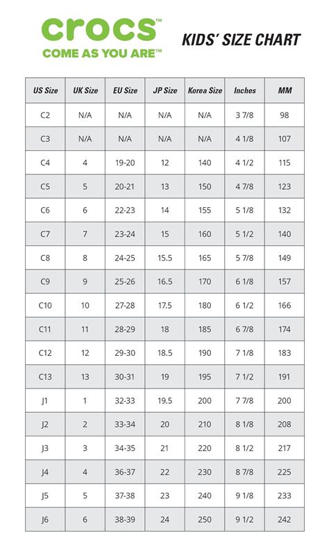 Crocs Printable Size Chart