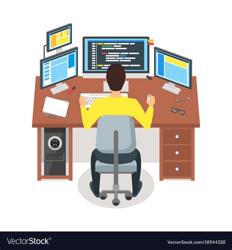 Cartoon programmer writes code workspace concept Vector Image