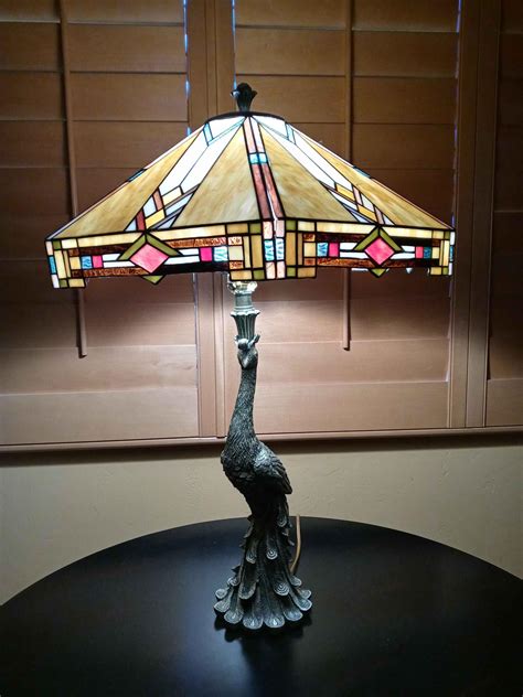 Peacock Base Lamp w/ Stained Glass Shade | #4541156287