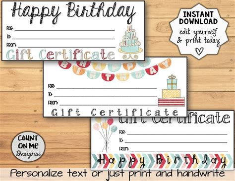 Printable Birthday Gift Certificates Variety Package - Etsy