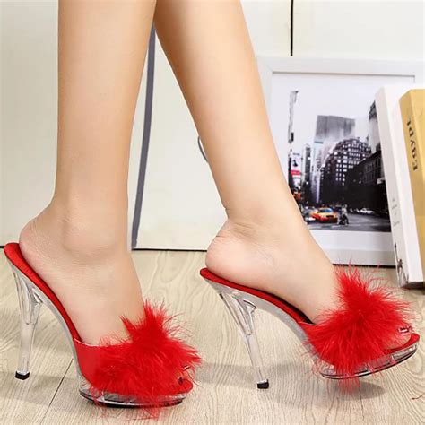 Women Fur Slippers Mules Clear High Heels Summer Shoes Slides ...