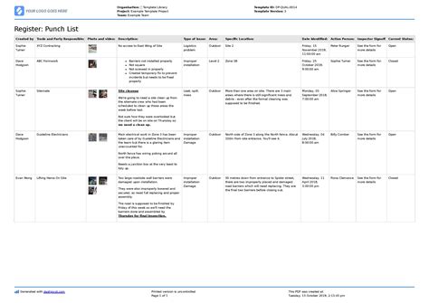 Punch List Template Excel