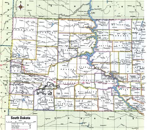 Map of South Dakota showing county with cities,counties,road highways