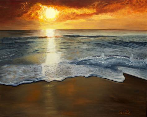 an oil painting of the sun setting over the ocean with waves coming in ...