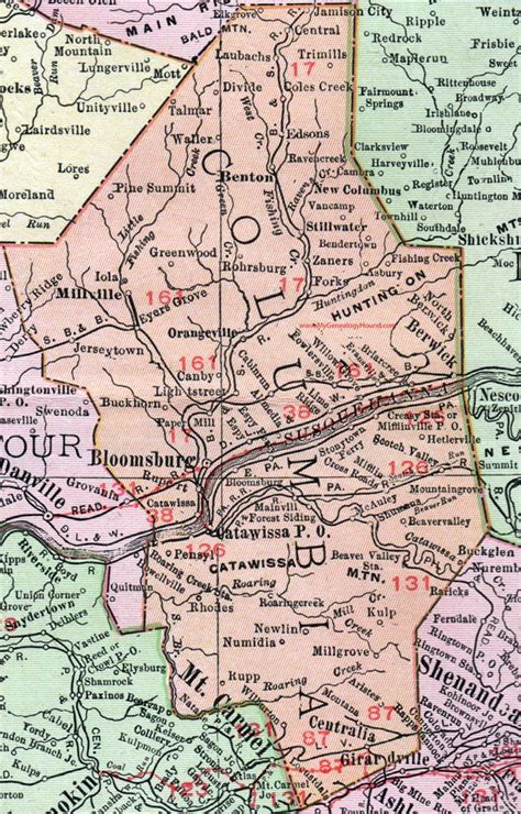 Columbia County, Pennsylvania, 1911, Map, Bloomsburg, Berwick ...