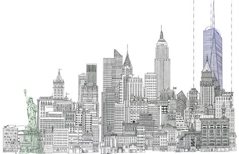 11 X 17 Line Drawing of New York City Skyline With Statue of Liberty ...