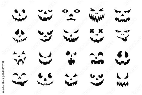 Face Halloween icon set. Black creepy smile, smiling mask, pumpkin grin ...