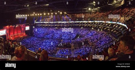 Inside a stadium, the O2 arena ready for the Monty Python show Stock ...