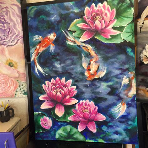 Koi fish pond with lotus flowers surrounding ... Colorful acrylic ...