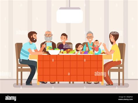 Big happy family eating lunch together in living room cartoon vector ...