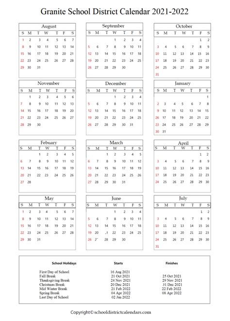 Granite School District Calendar 2021-2022 With Holidays In PDF ...