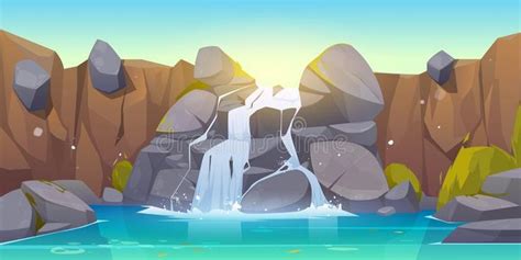 Vector cartoon waterfall and rocks. Waterfall cartoon illustration ...