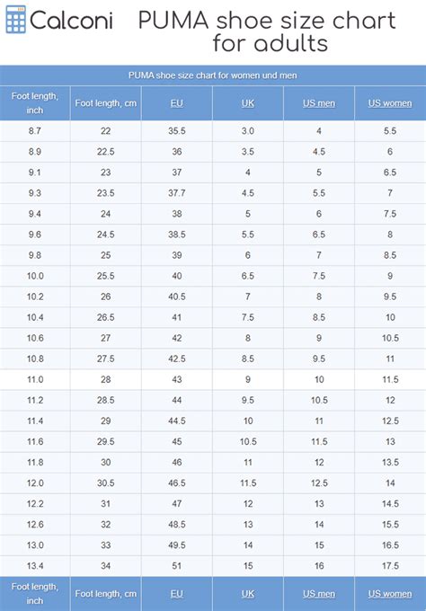 PUMA Shoe Sizes ladies men and children