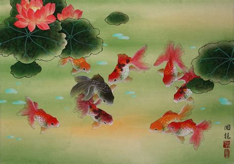 Goldfish & Lotus Flowers Painting - Asian Art | Poisson rouge, Carpe ...