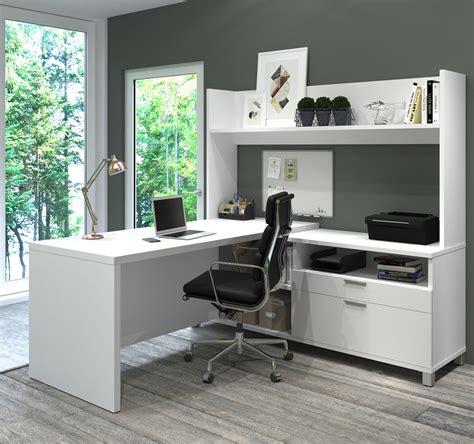 71" x 71" White L-Shaped Office Desk with Hutch by Bestar - OfficeDesk.com