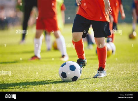 Boys attending soccer training on school field. Young man coaching ...