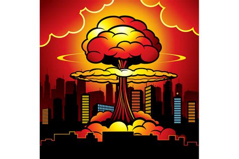 Burning city with nuclear explosion of atomic bomb. Cartoon vector ill ...