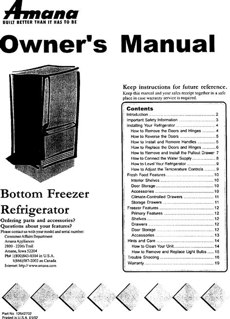 Amana ARB1917CW PARB1917CW1 User Manual REFRIGERATION Manuals And ...