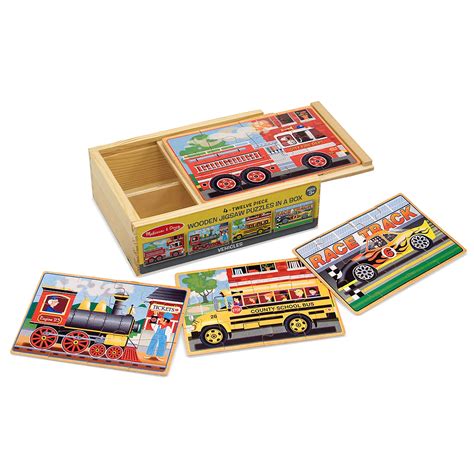 Melissa & Doug Vehicles 4-in-1 Wooden Jigsaw Puzzles in a Storage Box ...