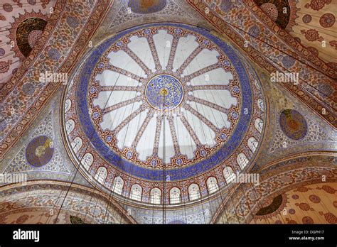 Interior view, main dome, Blue Mosque, Sultan Ahmed Mosque or Stock ...