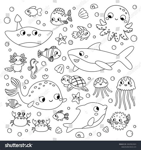 Coloring Page Sea Animals Cute Cartoon Stock Vector (Royalty Free ...