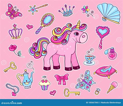 Cute Stickers Set with Unicorn Stock Vector - Illustration of beauty ...