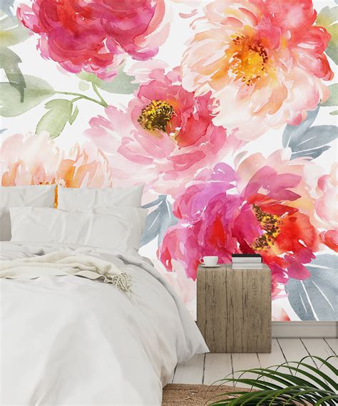 Large Watercolor Peony || Removable Wallpaper || Peel & Stick Mural ...