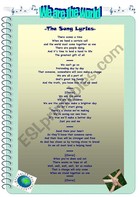 We Are The World Song Worksheets - ESL worksheet by alanada