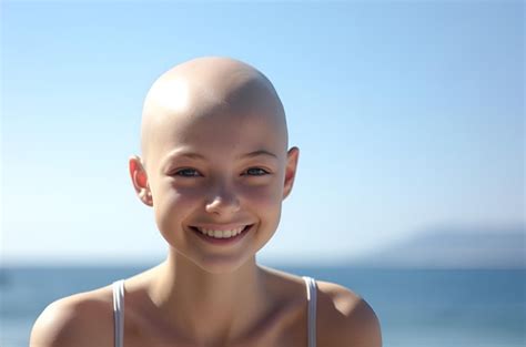 Premium AI Image | A bald girl without hair is smiling against the ...