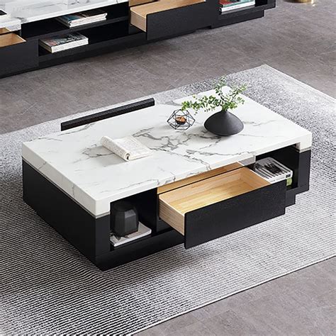 Modern Marble Coffee Table with Storage & Drawers in Wood