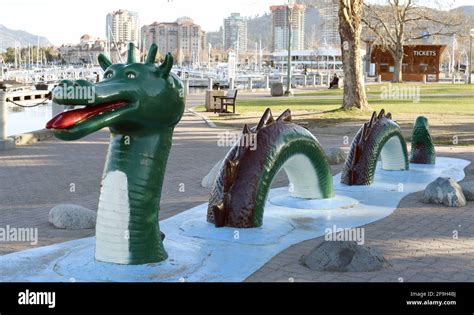 A view of a statue of Ogopogo, a lake monster that is supposed to live ...