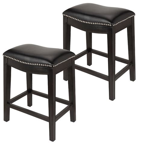 Homegear Faux Leather Backless Metal-Stud Bar Stools, Set of 2, Black ...