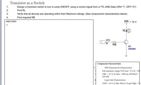 Transistor as a Switch 1. Design a transistor switch | Chegg.com