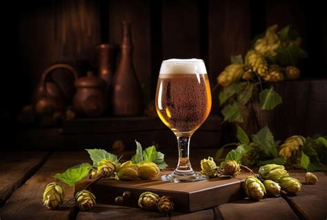 Premium AI Image | beer and hops on a wooden table in the style of ...