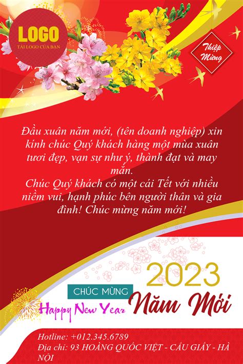 Mẫu thiệp chúc tết năm mới 2023 hoa đào, hoa mai cho khách hàng