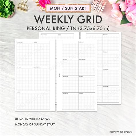 Personal Planner Inserts, Weekly Grid Printable, Filofax Personal ...