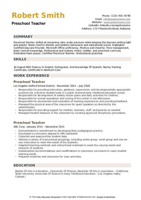 Preschool Teacher Resume Samples | QwikResume