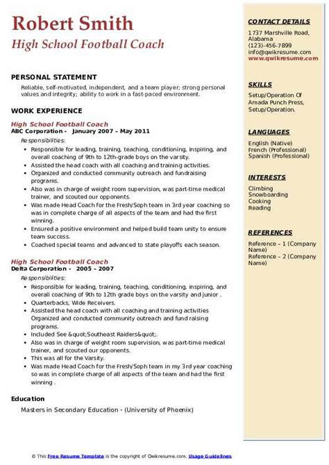 High School Football Coach Resume Samples | QwikResume