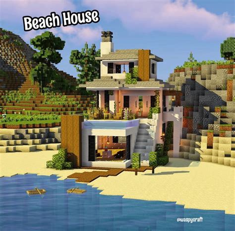 Beach house in 2022 | Minecraft beach house, Minecraft house plans ...