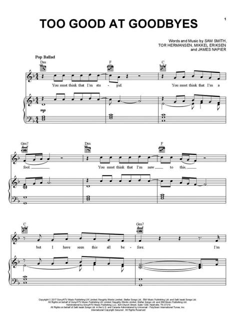 Too Good at Goodbyes Piano Sheet Music | OnlinePianist