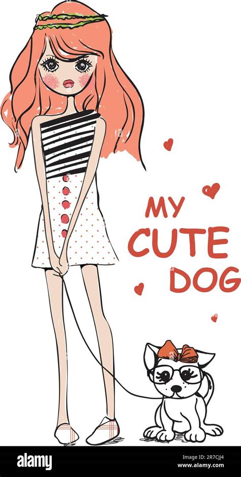 cute illustration girl with dog vector drawing sketch Stock Vector ...