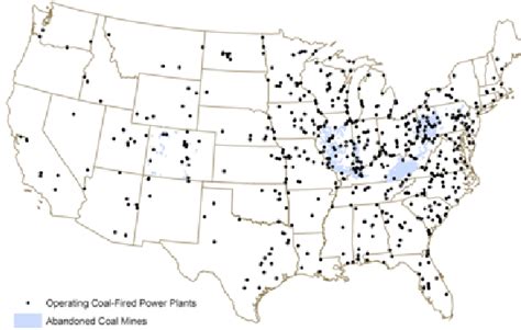 Locations of Abandoned Coal Mines and Coal Fired Power Plants. Light ...