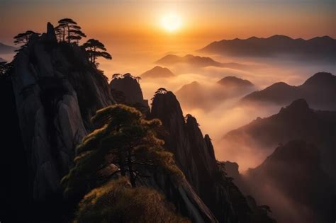 Premium AI Image | Early morning sunrise in the Huangshan mountains