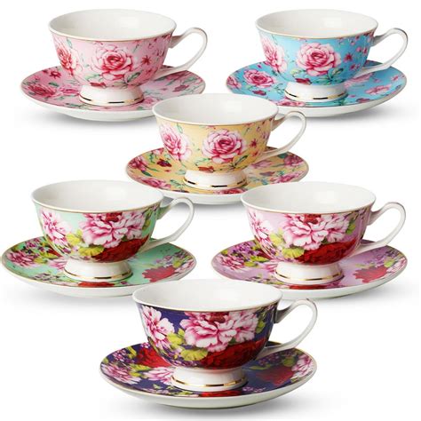 Tea Cup and Saucer Set of 6 (12 pieces), Floral Tea Cups, 8 Oz.Bone ...