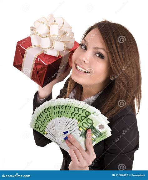 Girl in Business Suit with Money, Red Gift Box. Stock Photo - Image of ...