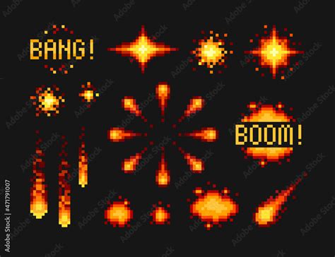 Pixel art Explosion set with "boom" and "bang", comic style burst ...