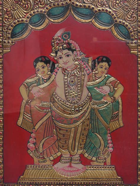 26" Lord Krishna With Rukmini And Satyabhama Painting | Traditional ...